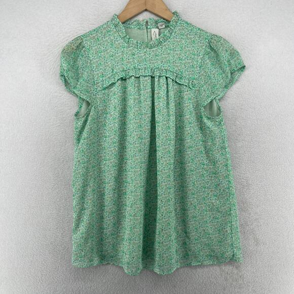 Joie Tops - JOIE Top S Reut Crepe Floral Metallic Blouse Ruffle Flutter Sleeve Lined Green